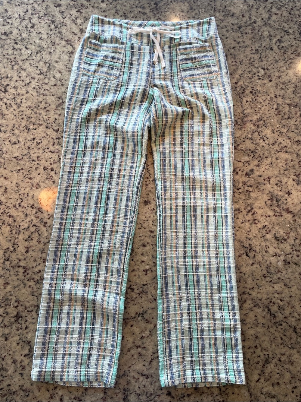 New Sundance 100% cotton Light Blue & White textured Plaid Drawstring Pants S